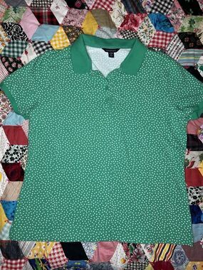 Lands' End Women's Classic Fit Green White Polka Dot Cotton Polo Shirt 10-12